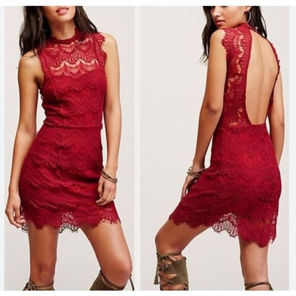 Free People Dresses & Skirts - Intimately Free People Cherry Red Daydream Bodycon Lace Mini Dress Small New